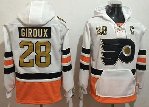Flyers #28 Claude Giroux White 3rd Name & Number Pullover NHL Hoodie - Click Image to Close